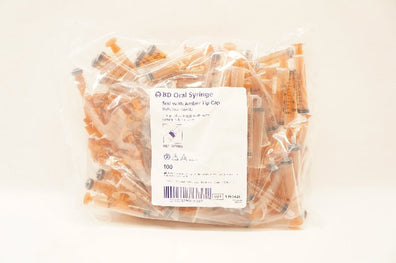 BD 303086 Oral Syringe with Amber Tip Cap 5mL - Pack of 100